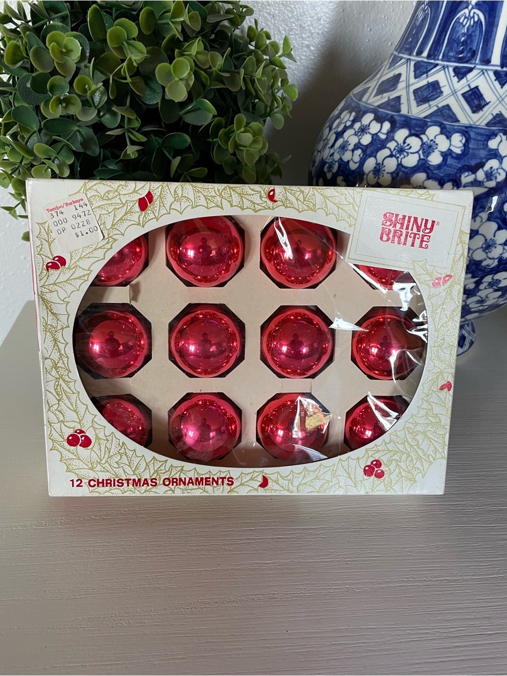Vintage Shiny Brite Glass Christmas Ornaments Red Set of 12 Original Box